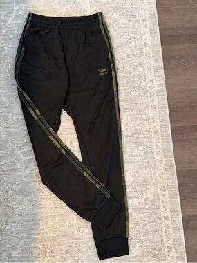 Adidas Black Track Pants with Olive Camo Stripes